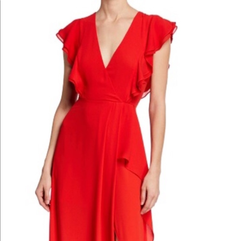 Beautiful maxi flowing red dress with ruffles/slit